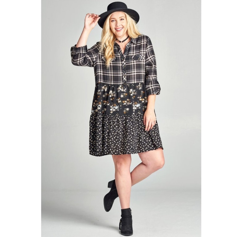 Plus Size Boho Black Plaid Floral Western Shirt Dress Swing Tunic